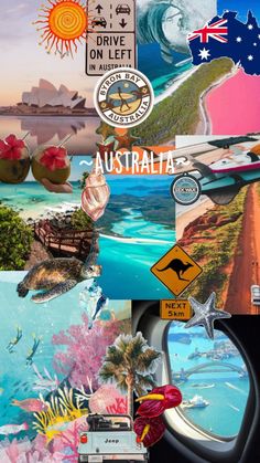 the collage is made up of different pictures and words, including an australian flag