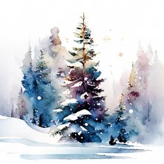 watercolor painting of snow covered pine trees