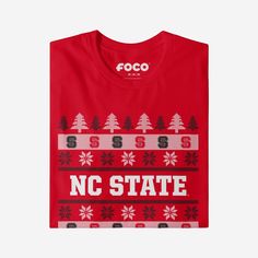 a red t - shirt with the words nc state printed on it