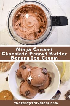 chocolate peanut butter banana ice cream in a bowl