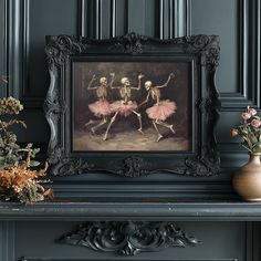 two skeletons in pink tutu skirts dancing together