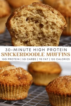 a muffin on a cooling rack with the words 30 - minute high protein snickkerdoodle muffins