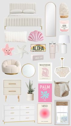 a collage of white furniture and accessories with pink accents on the top, along with an aloha sign