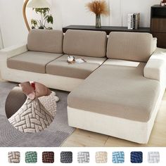 a living room with a sectional couch and rugs in various colors on the floor