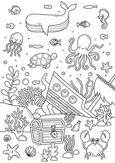 an ocean scene with fish, seaweed and other marine creatures in black and white