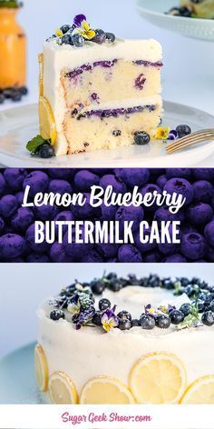 lemon blueberry buttermilk cake on a plate with the words lemon blueberry buttermilk cake