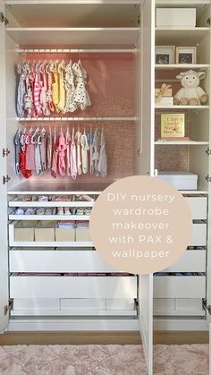 an organized nursery wardrobe with pax and wallpaper on the bottom shelf is shown