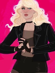 a drawing of a blonde woman with long hair wearing black clothes and holding her hands in her pockets