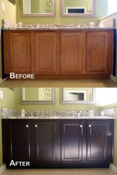 before and after pictures of a bathroom vanity