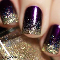 Purple and Gold Purple Nail Art, Gold Nail Art, Dip Nails, Purple Nail, Honey Bear, New Year's Nails, Gel Nail Designs, Fancy Nails