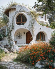 a white house with orange flowers in front of it