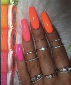 Green Pink And Orange Nails, Neon Orange Acrylic Nails Coffin, Neon Nails Pink And Orange, Pink Orange Green Nails, Neon Orange And Green Nails, Neon Pink And Neon Green Nails, Bright Spring Nails Neon Colors, Summer Nails Green Neon, Pink And Green Neon Nails