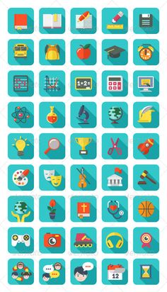 flat icons with long shadows on the blue background - miscellaneous objects / items web elements