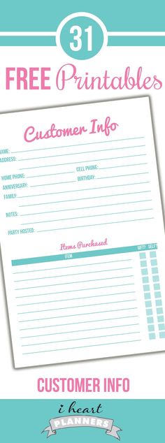 a printable customer info sheet with the words, free printables and an image of