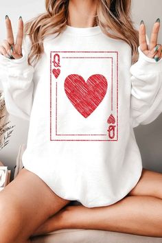 QUEEN OF HEARTS VALENTINES GRAPHIC SWEATSHIRTPREMIUM COTTONUNISEX SIZINGCLASSIC FITMade In: USA White Crew Neck Sweatshirt With Heart Graphic, Valentine's Day White Crew Neck Sweatshirt, White Crew Neck Sweatshirt For Valentine's Day, Valentine's Day White Casual Sweatshirt, White Casual Sweatshirt For Valentine's Day, Casual White Sweatshirt For Valentine's Day, Queen Of Hearts Silhouette, Valentine’s Day Shirts, Valentine Tshirt Ideas