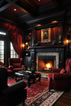 a living room filled with furniture and a fire place in the middle of it's walls