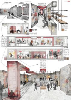 an architectural drawing shows the interior and exterior of a building with people walking around it