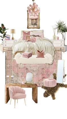 a bedroom with pink furniture and accessories on the bed, along with other decor items