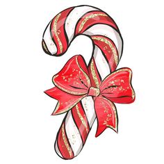 a red and white candy cane with a bow on it's side, painted in gold glitters