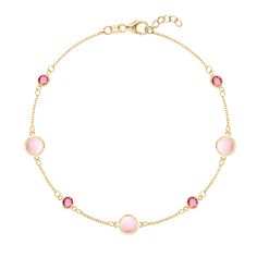 Alternating 4 understated Classic pink tourmalines and 3 eye-catching Grand Pink Opals in this glittering 14k gold station chain bracelet make it the perfect combination of two of Haverhill’s signature styles. • Made with 14k Yellow Gold.• Features briolette cut, bezel set alternating 4mm pink tourmalines and 6 mm pink Luxury Pink Gold Bracelet As Gift, Luxury Pink Gold Bracelet For Gift, Luxury Pink Gold Elegant Bracelet, Pink And Gold Bracelets, Elegant Rose Gold Bracelet For Formal Occasions, Elegant Pink Gold Bracelet For Formal Occasions, Luxury Pink Jewelry With Bezel Setting, Elegant Pink Gold Jewelry With Bezel Setting, Elegant Pink 14k Gold Bracelets