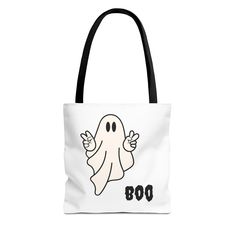 This peace sign boo ghost tote exudes a fun and spooky vibe, perfect for Halloween enthusiasts and those who enjoy unique accessories. The durable polyester fabric and reinforced stitching make it ideal for everyday use, while the boxed corners add extra room for all your essentials. Great for Halloween parties and trick-or-treating! Product features - 100% Polyester body for durability - Reinforced stitching on handles for added strength - Boxed corners for extra room - 5 color handle options for customization - All tote bags come with non-woven laminate, cotton handle, and available in 3 sizes Care instructions - Remove all items from the bag before cleaning. Suggested to pretreat visible stains with stain remover. Mix warm water with laundry detergent and clean the bag with terry washcl White Rectangular Bag For Halloween, Spooky Halloween Gift Bag, White Halloween Gift Bags, Ghost Bag, Boo Ghost, Halloween Tote, Halloween Costume Accessories, Unique Accessories, Halloween Parties