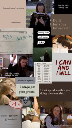 a collage of images with words and pictures on them, including an image of a woman