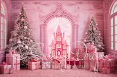 Pink Dollhouse Christmas Room Fabric Backdrop-Fabric Photography Backdrop-Snobby Drops Fabric Backdrops for Photography, Exclusive Designs by Tara Mapes Photography, Enchanted Eye Creations by Tara Mapes, photography backgrounds, photography backdrops, fast shipping, US backdrops, cheap photography backdrops Pink Dollhouse, Barbie Christmas, Holiday Portraits, Fabric Backdrops, Cake Smash Backdrop, Dollhouse Christmas, Fabric Photography, Christmas Barbie, Holiday Photography