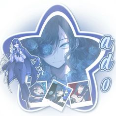 an anime character with long hair and blue eyes, surrounded by images of other characters