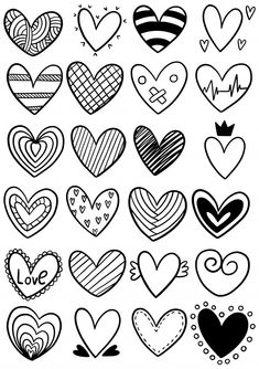 hearts drawn in black and white with different designs on the sides, each heart has an arrow