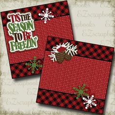 two red and black plaid christmas cards with snowflakes, pine cones and evergreens