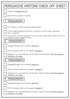 the persuative writing check off sheet is shown in black and white with text