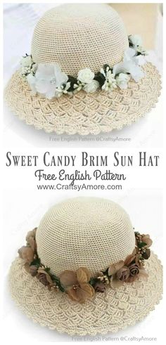 two hats with flowers on them and the words sweet candy brim sun hat