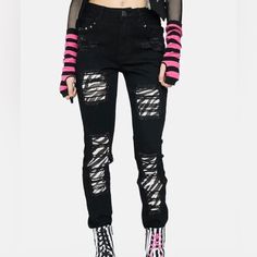 The Grave Girls By Dollskill With Black Studs And Zebra Print On The Sides! Sold Out And Hard To Find! In Great Condition Got From The Dollskill Warehouse And It Did Not Fit. *I Do Not Know If It Is A Size 2 Just Guesding* Alternative Style Ripped Black Bottoms, Black Ripped Punk Bottoms, Black Emo Style Party Bottoms, Black Emo Party Bottoms, Edgy Black Bottoms With Holes, Emo Bottoms For Spring Streetwear, Edgy Cotton Bottoms For Party, Edgy Cotton Party Bottoms, Black Cotton Emo Bottoms