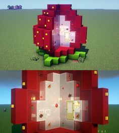 two different views of the same room in minecraft, one with red and green furniture