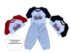 "Listing is for the baseball pants ONLY. Please see the Rookie of the Year t-shirt listing for the t-shirt. Please check size chart before purchasing Every child is different in sizing. Sizing: 12M - Length 17 inches, Waist: 15.35 inches 18M - Length 18 inches, Waist: 15.74 inches Celebrate your big boy's milestone with this baseball pinstriped pants. The pants are elastic at the waist and ankle to offer the most comfortable fit. It is the perfect compliment to the Rookie Of The Year t-shirt. Ou 1st Birthday Baseball, Baseball Theme Birthday Party, Baseball Theme Birthday, 1st Birthday Shirt, First Birthday Boy, 1st Birthday Shirts, Baby Boy Clothing Sets, Baseball Birthday, Rookie Of The Year