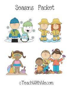 the seasons packet includes four different children's characters, including one boy and two girls