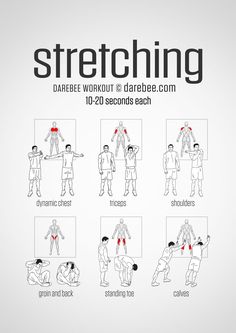 a poster with instructions on how to do stretching for the shoulders and chests, including an image of a man doing exercises