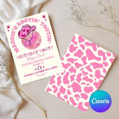 a pink and white birthday party card next to some flowers