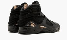 After what seemed like years of looks at samples and pairs only on Drake’s feet, the OVO x Air Jordan 8 finally dropped in early 2018 in white and black leather colorways accented with metallic gold.  Available here is the black edition, featuring a tough yet elegant look for the Air Jordan 8 in full-grain leather and suede with gold and red accents while the October’s Very Own owl logo is found on each heel tab and insole.  Of course, the black Air Jordan 8 OVO disappeared instantly at retail, Black Leather Custom Sneakers With Translucent Outsole, Luxury Black High-top Sneakers For Sports, Luxury Black High-top Sneakers For Streetwear, Luxury Black High-top Custom Sneakers, Luxury Black Sneakers For Sports, Luxury Black Sports Sneakers, Air Jordan 8 Retro, Air Jordan 8, Owl Logo