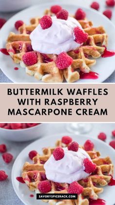 Buttermilk Waffles with Raspberry Champagne Mascarpone Cream and a champagne raspberry drizzle is a great dish for your brunch menu! Raspberry Drizzle, Raspberry Champagne, Buttermilk Waffles, Scrumptious Food, Mascarpone Cream, Brunch Menu, Food Court, Pastry Recipes, Foodie Recipes