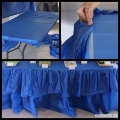 the blue table cloth is being folded up on it's sides and placed in front of the chair