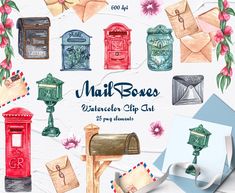 watercolor mailbox clipart set with envelopes and post office stamps for commercial use