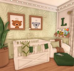 a baby's room is decorated in green and white