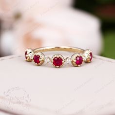 "(Please confirm your US size when you make an order) ❤Jewelry Details -Gold Type : 14k gold Center Stone: NATURAL Ruby, 2.6mm*5pcs Ruby Total Carat Weight: Approximately 0.48ct Cut: Round Cut / 3EX Side Stone: 0.06cttw diamond Color: G-H Clarity: SI1 Cut: Round Cut / 3EX SKU: YR0181 ~*-*~Purchase Guarantee: - All our jewelry is handmade, and each process is refined. - 14 Day Refund Guarantee. - All our products are Free Shipping. - Free Gift Box&Packing. ~*-*~Please contact us if you need servi Yellow Gold Diamond Wedding Band, Engraving Ring, Ruby Wedding Band, Ruby Wedding, Jewelry Details, Gold Diamond Wedding Band, Box Packing, Red Gemstones, Bridal Bands