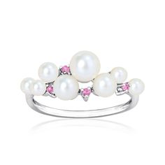 Ross-Simons - 3-5.5mm Cultured Pearl Ring, .10ct t. w. Pink Sapphires. Size 8. Playful yet elegant, this imaginative statement ring scatters 3-5.5mm cultured freshwater pearls across the finger with bright .10 ct. t. w. pink sapphire rounds sparking in between. Finely crafted in polished sterling silver. 1/4" wide. Pink sapphire and white pearl ring. Pearl birthstones are the perfect gift for June birthdays. White Pearl Ring, Cultured Pearl Ring, Pearl Birthstone, Ring Pearl, Pearl Engagement Ring, Freshwater Cultured Pearls, Dream Jewelry, Pearl Ring, White Pearl