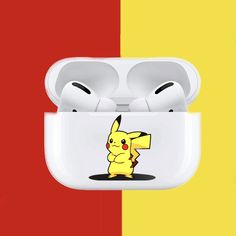 an apple airpods with the pokemon pikachu sticker on it's side