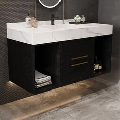 a bathroom with a sink, mirror and towel rack in it's center area