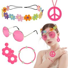 PRICES MAY VARY. 70s HIPPIE ACCESSORIES: Our disco 70s accessories for women include 1 flower 70s headband for women, 1 round hippie glasses, 1 flower hippie earrings, 1 peace sign necklace and 1 cute wristband. This is the perfect quick hippie costume combo for any hippie costume outfit for women, halloween costumes or 60s, 70s party. With these hippy accessories for women, you will be the center of attention! CLASSIC & FASHION: These 60s accessories for women are pretty and trendy. The hippie Hippy Accessories, 70s Headband, 70s Outfits Party, 60s Accessories, Hippie Glasses, 70s Accessories, 70s Outfit, Hippie Sunglasses, Hippie Accessories