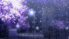 purple trees in the rain on a city street at night with bright lights and benches