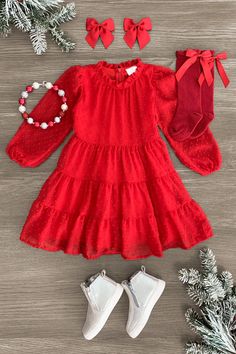 Red Swiss Dot Dress | Sparkle In Pink Christmas Eve Dress, Dress Sparkle, Outfit Layouts, Sparkle In Pink, Swiss Dot Dress, Christmas Dresses, Long Sleeve Design, Outfit Layout, Kid Clothes